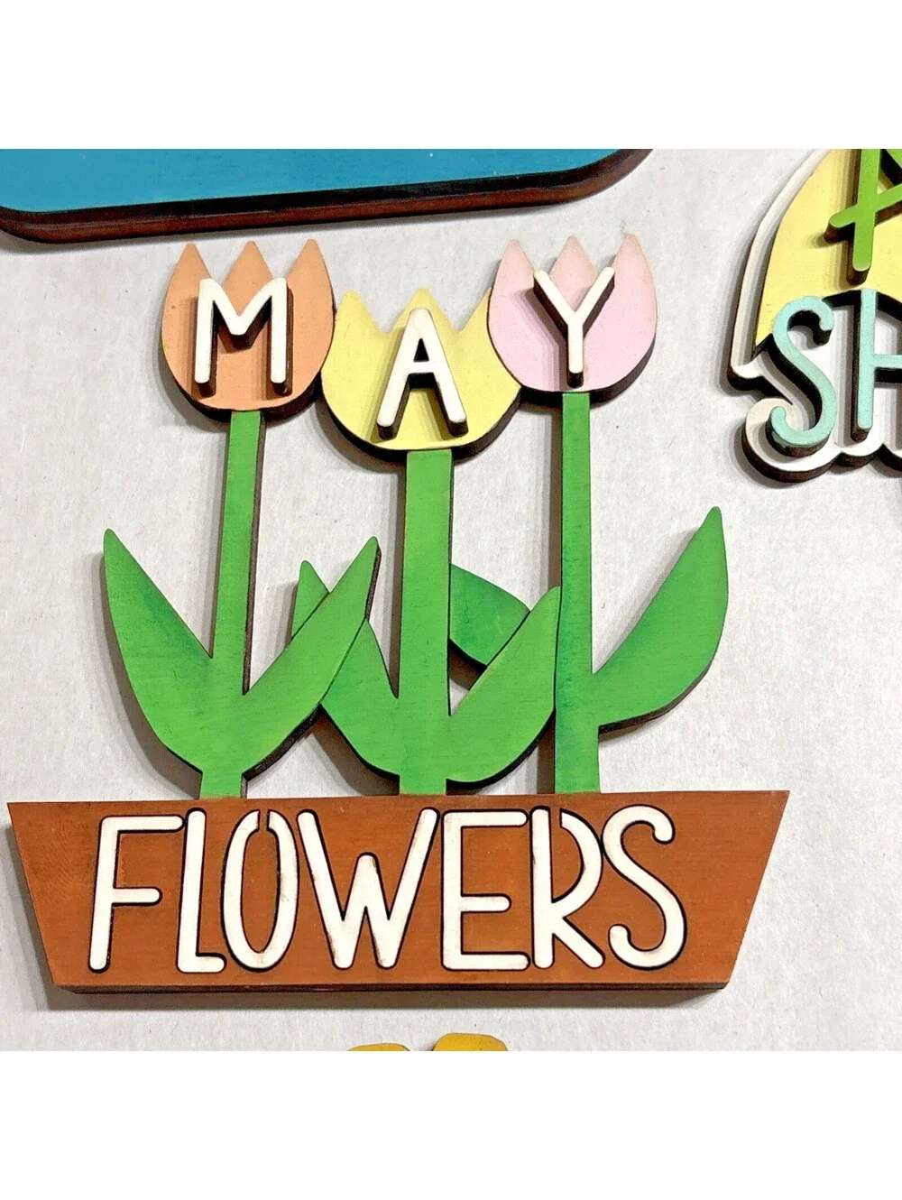 Lot of 6 pcs Hello Spring, May Flowers Tier Tray Set approx. 5” wooden signs